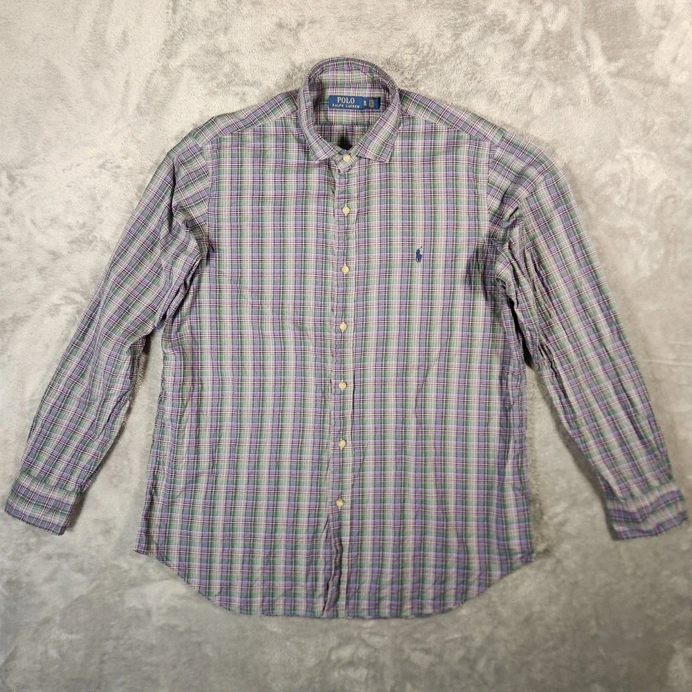 Polo Ralph Lauren Button Down Men XL Purple Green Excellent Plaid Long Sleeve